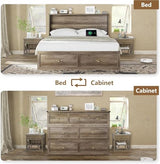 AMERLIFE Queen Size Murphy Bed, Farmhouse Wooden Cabinet with Charging Station and Storage Drawer for Bedroom/Office/Guest Room, Grey Oak AMERLIFE