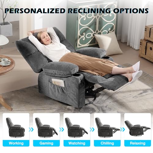 MAHOMICO Recliner Chair Oversized Swivel Rocker with Vibration Massage & Lumbar Heating, 360° Swivel, USB Charging Port, Cup Holders & Side Pocket for Living Room