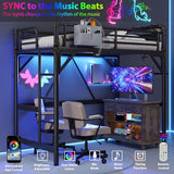 Twin Size Loft Bed with LED Lights and Charging Station, Industrial Heavy Duty Metal Loft Bed Frame with Ladder and Guardrail for Kids Adults, Small Space Saving Design for Bedroom Dorm, Black Jocoevol