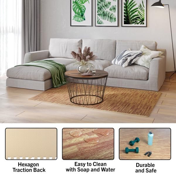 Foam Floor Tiles - 24sqft Wood Grain Interlocking Foam Tiles with Border - Foam Play Mat Playroom or Gym Flooring for Home Gym by Stalwart (Light) Stalwart