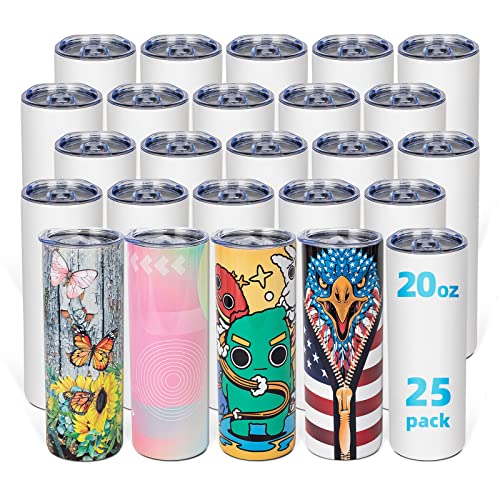 UIRZOTN 25 Pack 20 OZ Sublimation Tumbler Blanks Skinny Straight in Bulk, Stainless Steel Insulated Sublimation Tumbler with Polymer Coating for Heat Transfer, With Lid, Straw, ribbon, Gift Box UIRZOTN
