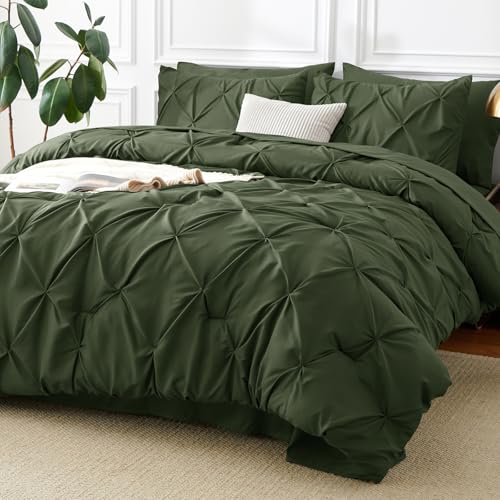 CozyLux Queen Comforter Set Olive Green, 7 Pieces Pintuck Bed in A Bag, Premium Green Comforter Queen Size, Pinch Pleat Bedding Sets with Comforter, Sheets, Pillowcases & Shams CozyLux