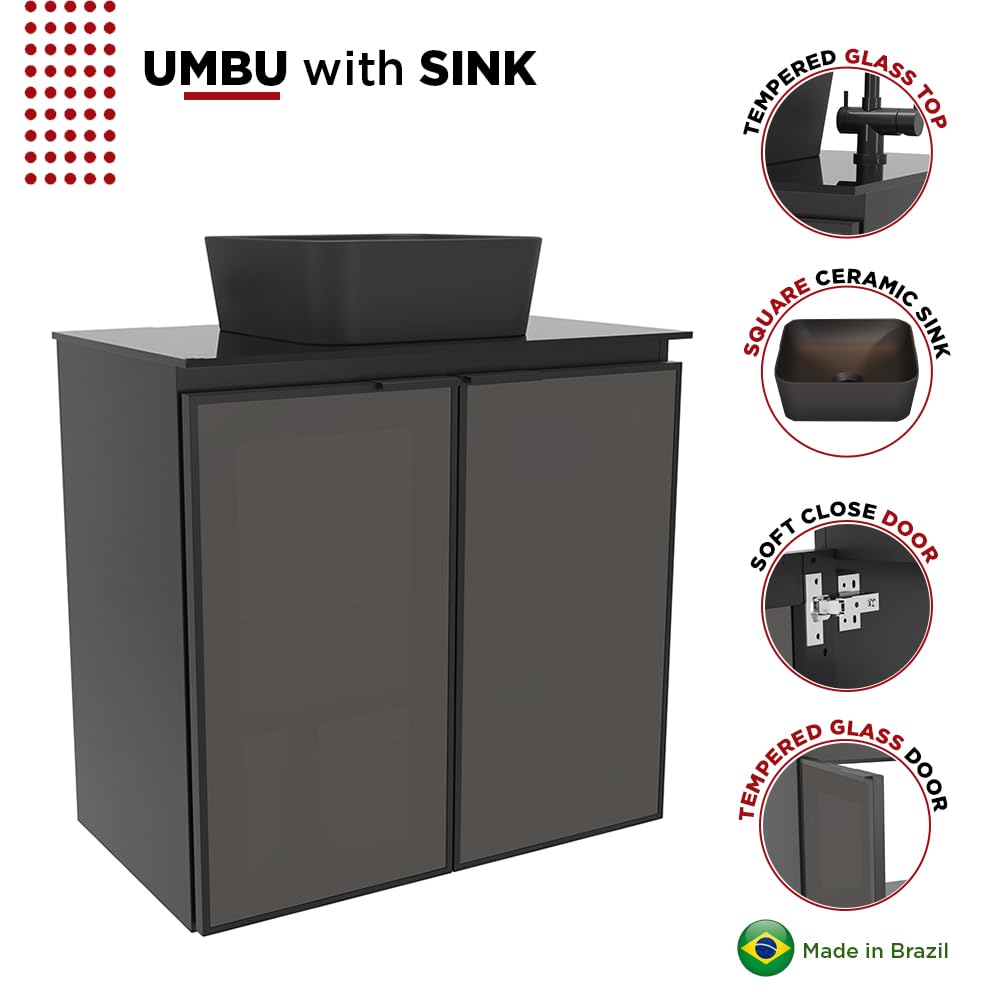 COZIMAX Umbu Combo Black Steel Bathroom Vanity Set 24" with Tempered Glass Countertop and Door, Black Square Ceramic Sink COZIMAX