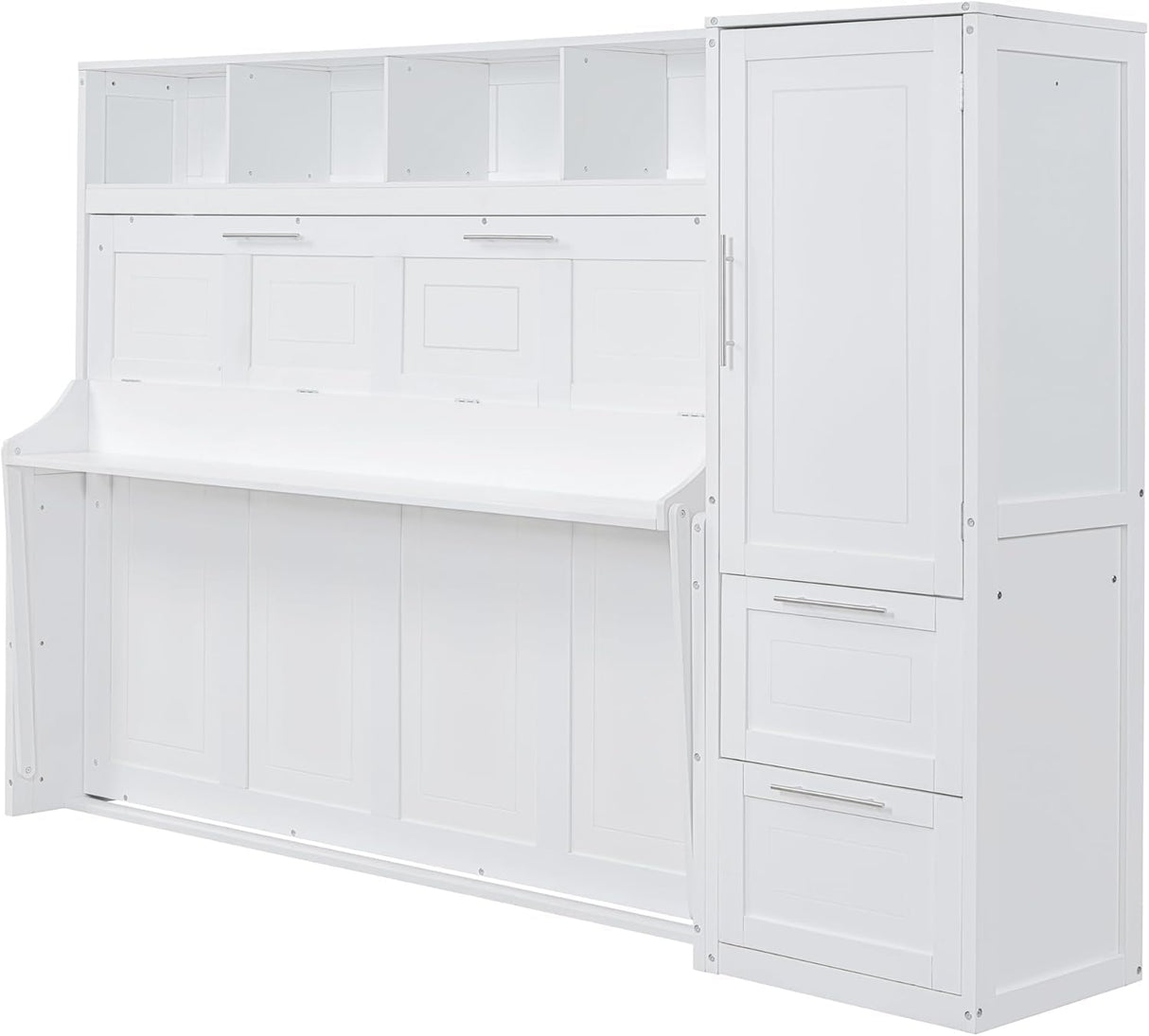 MERITLINE Queen Murphy Bed with Wardrobe Closet,2 Drawer,4 Storage Open Shelves,Wood Folding Murphy Wall Bed Cabinet (White) MERITLINE