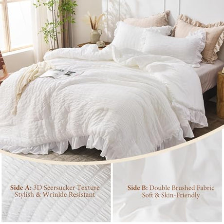 JOLLYVOGUE White Twin Size Comforter Set, 2 Pieces Seersucker Lightweight Fluffy Bedding Set, Twin Ruffle Comforter, All Season Soft Microfiber Shabby Chic Bed Set JOLLYVOGUE