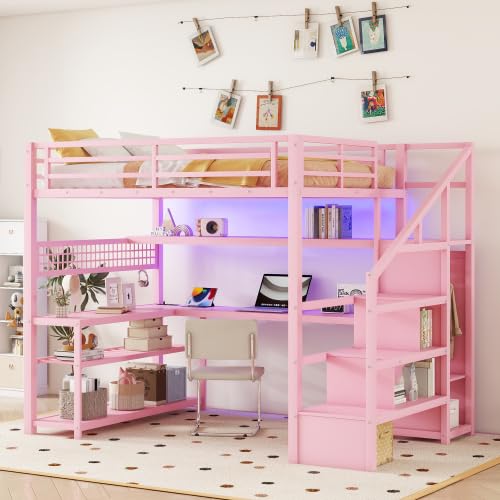 OYUMOENTS Full Size Loft Bed with Desk and Stairs, Metal Loft Bed with LED Light & Charge Station, Heavy-Duty Beds with Wardrobe & Storage Shelves, No Spring Box Required, No squeaks, Pink OYUMOENTS