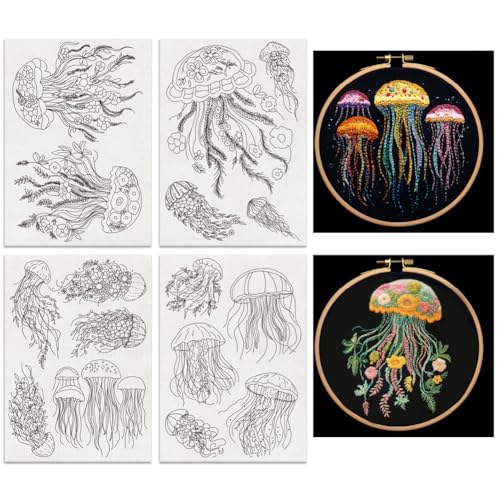 BENECREAT 4 Sheets 16 Pcs Jellyfish Water Soluble Embroidery Pattern, Stick and Stitch Embroidery Paper Wash Away Designs, Embroidery Starter for Beginners DIY Craft, Sewing Embroidery