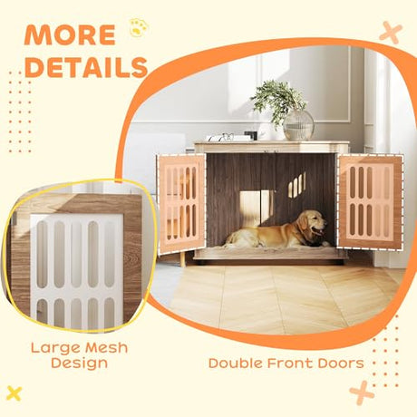 PawHut Dog Crate Furniture, 39" Dog Kennel Side Table with 2 Doors, Adjustable Non-Slip Foot Mats, Decorative Pet Cage for Large Dogs, Walnut Brown PawHut