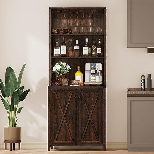 YITAHOME Bar Wine Cooler, 67" Tall Kitchen Storage Cabinet with Wine Rack, Open Storage Shelves, Farmhouse Kitchen Storage Cabinet with Wooden Doors for Living Room, Living Room, Brown - WoodArtSupply