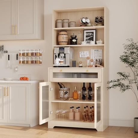 MilleLoom 62" Pantry Cabinet with Storage Drawers, Farmhouse Kitchen Hutch Bar Cabinet with 3-Tier Open Shelf & Microwave Stand, Kitchen Cupboard with Glass Door for Dining/Living Room, Wood MilleLoom