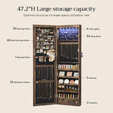 SONGMICS 6 LEDs Mirror Jewelry Cabinet, 47.2-Inch Tall Lockable Wall or Door Mounted Jewelry Armoire Organizer with Mirror, 2 Drawers, 3.9 x 14.6 x 47.2 Inches, Rustic Brown UJJC93CB SONGMICS
