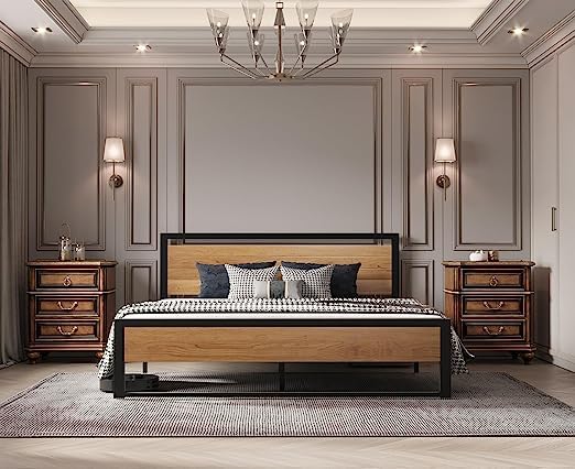 BONSOIR Queen Size Steel Platform Bed Frame with Wooden Headboard and Footboard - WoodArtSupply