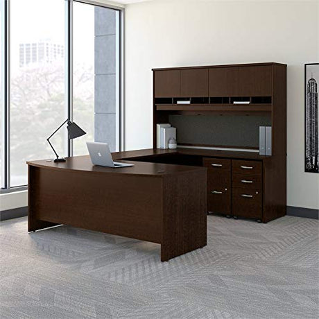 Bush Business Furniture 72W Bow Front U Shaped Desk with Hutch and Storage in Mocha Cherry Bush Furniture
