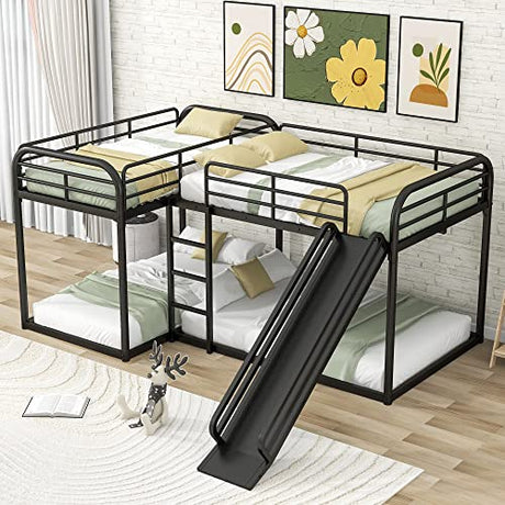 L Shaped Bunk Beds Compatible with 4, Wooden Quad Bunk Bed with Slide, Full Over Full Bunk Bed with Twin Over Twin Bunk Bed Attached Compatible with Girls Boys, Gray Bedroom Bed Frame, WoodArtSupply