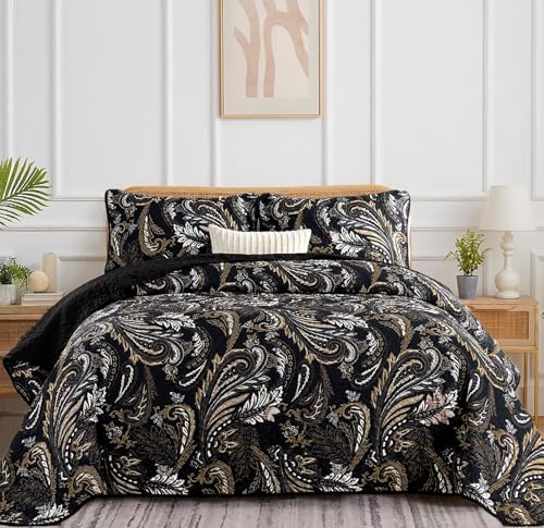 WONGS BEDDING Boho Quilt Set King,Black Paisley Floral Pattern Bedspread Coverlet Set with 2 Pillowcases,3 Piece Lightweight Microfiber Bohemian Quilt Bedding Set 104"×90" WONGS BEDDING