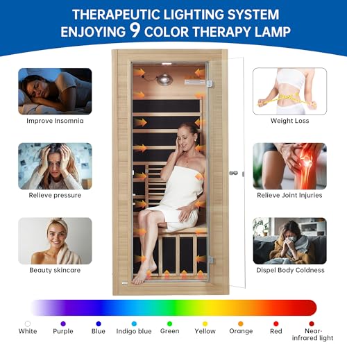 RESTISLAND Infrared Sauna Room for Home, Near Zero EMF Wooden 1 Person Indoor Home Sauna with Bluetooth, LCD Control Panel, Chromo Therapy Light RESTISLAND