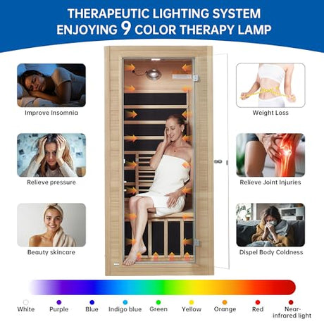 RESTISLAND Infrared Sauna Room for Home, Near Zero EMF Wooden 1 Person Indoor Home Sauna with Bluetooth, LCD Control Panel, Chromo Therapy Light RESTISLAND