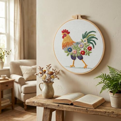 ZCXETP Rooster Beginners Embroidery Kits, Needlepoint Kits for Beginners, Embroidery Kit for Beginner, Cross Stitch Kit Suitable for Learning Basic Embroidery Techniques