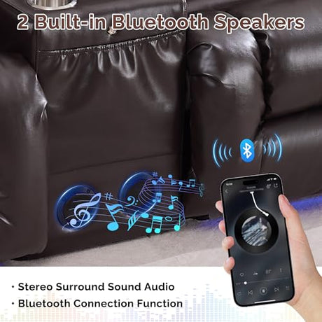 Loveseat Recliner Sofa, Power Reclining Loveseat Sofa Couches with Center Console, Bluetooth Speaker, LED Lights, Cup Holder, PU Leather Wall Hugger Recliners for Living Room, RV, Home Theater, Brown BIAOZHIKE