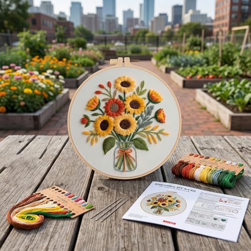 MIJIJHH Embroidery Kits, Embroidery Kits for Beginners, Cross Stitch Kit for Beginners, Sunflower Bouquet Vase Embroidery Kit with Complete Supplies, for Home Decor and Gift Giving