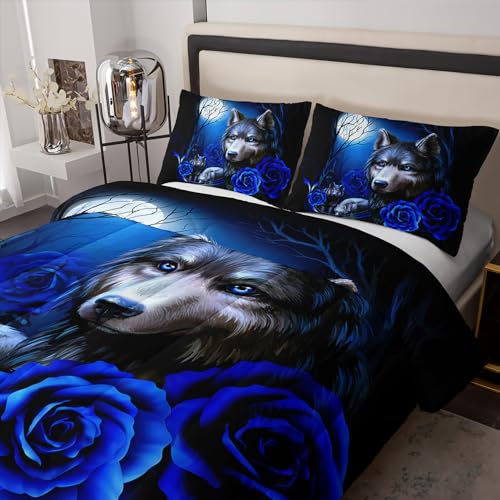 Tuzaovy Wolf Bedding Set King Size,Blue Rose King Size Comforter Set,King Size Wolf Comforter Bed Set,King Quilt Bedding Set Rose,Wolf Bedding Set King Size Animal Print Comforter Set Tuzaovy