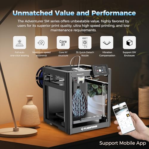 FLASHFORGE Adventurer 5M 3D Printer with 600mm/s Ultra Speed, 20000mm/s² Acceleration, Fully Auto Leveling, 280°C Direct Extruder with 3S Detachable Nozzle, Core XY Structure, 220x220x220mm P - WoodArtSupply