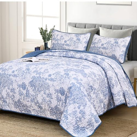 WONGS BEDDING Blue Quilt Set King Size, 3 Pieces Botanical Bedspreads Set Lightweight Microfiber Blue Toile Plants Pattern Coverlet Home Decor for All Seasons(104"×90") WONGS BEDDING