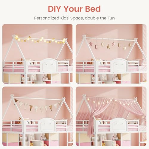 VIAGDO Twin Size Low Loft Bed with 9 Storage Drawers, Bookcase and LED Lights, House-Shaped Metal Twin Loft Bed with Step Stool and Safety Guardrail, Kids Loft Bed with Under-Bed Play Space, White VIAGDO