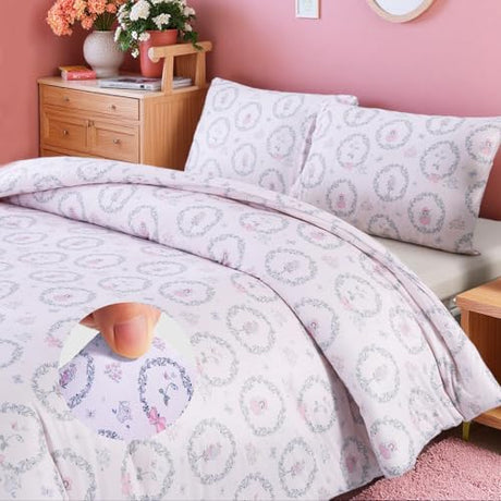 MAG 3Pcs with 1 Microfiber Jersey Knit Comforter+2 Pillowcae,Pink Floral Queen Comforter Set,All Season Garden Style Flower Bedding Set Queen Size for Girls Boys Kids,Elastic and Breathable Soft. MAG