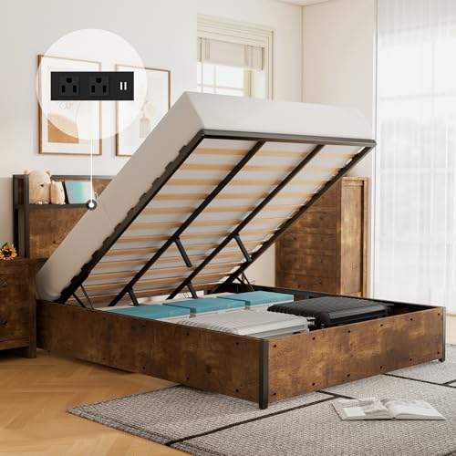 LUXOAK Full Size Lift Up Storage Bed, Wood Platform Bed Frame with Storage Headboard & Charging Station, No Box Spring Needed, Easy Assembly, Rustic - WoodArtSupply