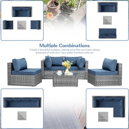 Shintenchi 5 Pieces Outdoor Patio Sectional Sofa Couch, Silver Gray PE Wicker Furniture Conversation Sets with Washable Cushions & Glass Coffee Table for Garden, Poolside, Backyard (Aegean Bl - WoodArtSupply