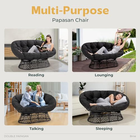 Bme 61" Black - Black Frame Capacity 600lbs Double Papasan Ergonomic Wicker Papasan Chair with Soft Thick Density Fabric Cushion, High Capacity Steel Frame for Living, Bedroom Bme