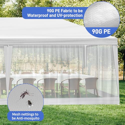 Outvita Outdoor Party Tent with Screen, 10x30ft Canopy Shelter with Netting Side Walls and 2pcs Doors for Event Yard Patio BBQ Picnic Parties White Outvita