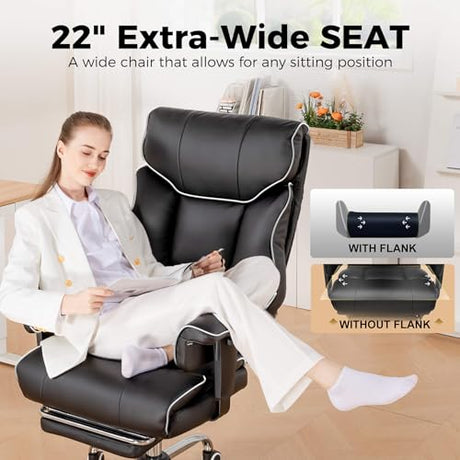 COMHOMA Big and Tall Office Chair 400lbs High Back Gaming Chair with Ergonomic Lumbar Support & Pocket Spring Cushion for Lower Back Pain Relief, Leather Executive Chair with Foot Rest, White/Black COMHOMA
