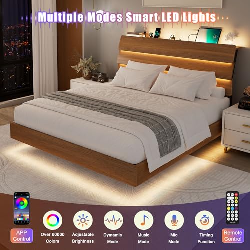 Feonase Floating Bed Frame Queen with Led Lights and Charging Station, Wood Full Size Bed Frame with Storage Headboard, Heavy Duty Metal Slats, No Box Spring Needed, Easy Assembly,Walnut Feonase