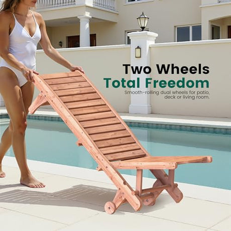 EUNHOO Wooden Chaise Lounge Chair, 3-Position Adjustable Outdoor Tanning Chair with Hidden Side Tray & Wheels, Poolside Patio Sun Chair EUNHOO