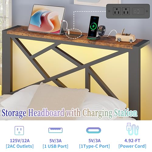 ChicZhiNest Twin Size Black Metal Bed Frame with USB Charging Station, LED Ambient Lighting, and Wooden Storage Headboard - Includes Under-Bed Storage, No Box Spring Needed, Noise Free, Easy Assembly ChicZhiNest