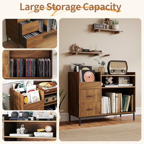 FLIXELIO Record Player Stand with Vinyl Storage and Drawers, 500+ Vinyl Record Storage Cabinets with Metal Legs Turntable Stand Mid Century Modern Record Player Table for Living Room FLIXELIO