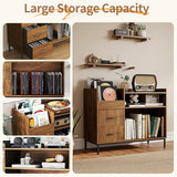 FLIXELIO Record Player Stand with Vinyl Storage and Drawers, 500+ Vinyl Record Storage Cabinets with Metal Legs Turntable Stand Mid Century Modern Record Player Table for Living Room FLIXELIO