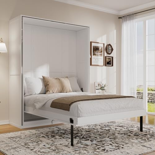 SOFTSEA Queen Murphy Bed with Rotating Frame, Storage Shelves, Foldable Wall Bed Frame with Bookcase, Hidden Murphy Bed Cabinet for Home Office, Guest Room, Space-Saving, White SOFTSEA