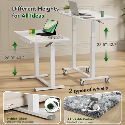 Gibbon Mounts Glass Standing Desk with Drawers,35inch Small Mobile Laptop Desk, Height Adjustable Rolling Sit Stand Desk, White Pneumatic Portable Computer Desk with Hidden Wheels or Lockable Casters Gibbon Mounts