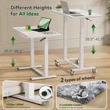 Gibbon Mounts Glass Standing Desk with Drawers,35inch Small Mobile Laptop Desk, Height Adjustable Rolling Sit Stand Desk, White Pneumatic Portable Computer Desk with Hidden Wheels or Lockable Casters Gibbon Mounts