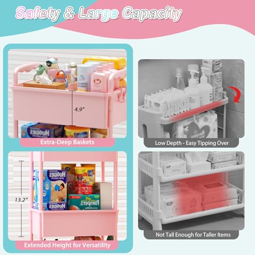 SUNALLY Baby Diaper Caddy Cart, 3 Tier Rolling Diaper Cart with Lockable Wheels for Nursery Essentials, Large Capacity & Easy Assemble Diaper Storage Organizer for Newborn,New Mom, Pink