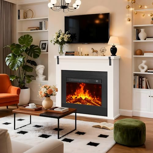 TRONLEE 36" Modern Freestanding Electric Fireplace with Mantel, Minimalist TV Stand Electric Fireplace Mantel for Living Room, Bed Room, White TRONLEE