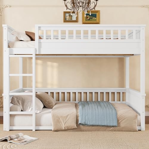 Bellemave Full Over Full Bunk Bed for Kids/Adults,Floor Bunk Beds with Inclined Ladder,Solid Wood Low Bunk Bed for Teens,Girls,Boys,Detachable,White Bellemave