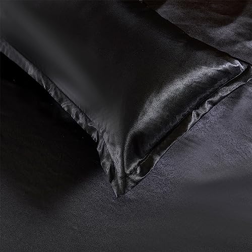 HOdo Home Satin Duvet Cover Twin Size, 3 Piece Silk Like Comforter Cover, Ultra Soft and Breathable Bedding Set with Zipper Closure & Corner Ties (Black) HOdo Home