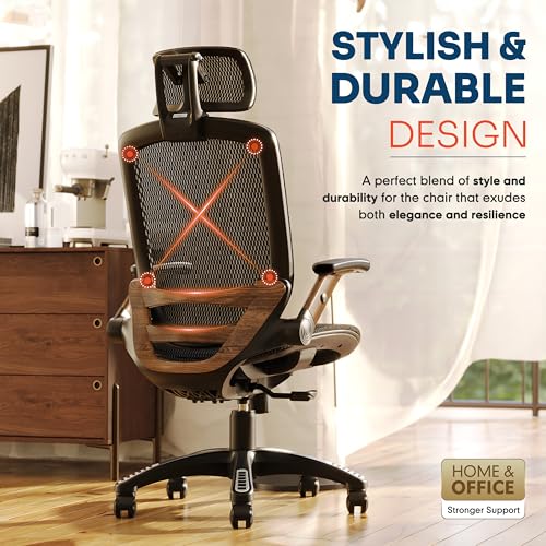 GABRYLLY Ergonomic Office Chair, High Back Home Desk Chair with Headrest, Flip-Up Arms, 90-120° Tilt Lock and Wide Cushion, Big and Tall Mesh Chairs for Man Woman, Black Task Chair(Dark Woodgrain) GABRYLLY