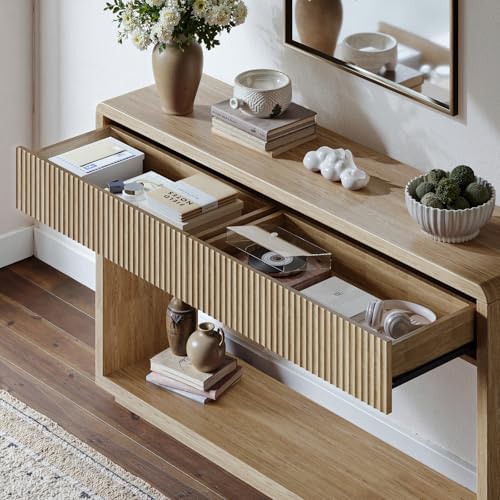 Evermagin 59'' Oak Entryway Table with Drawers, Boho Fluted Console Table, Sofa Table with Storage for Living Room, Entrance, Hallway Evermagin