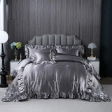 Herside Satin Comforter Set with Sheet Set Queen Size,8 Pieces Grey Ruffle Comforter Silk Like Satin Bedding Set,Soft Smooth Luxury Silky Quilt Set with 1 Cushion Cover All Season Herside