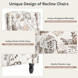Pushback Recliner Chair, Floral Fabric Wingback Recliner Chair, Upholstered Rivet Trim Armchair Push Back Recliner Accent Chair for Small Spaces, Living Room, Plants Beige